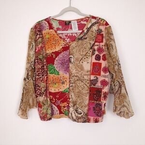 Bila vintage 90s Y2K top floral bell sleeve fairy patchwork boho beaded sequins